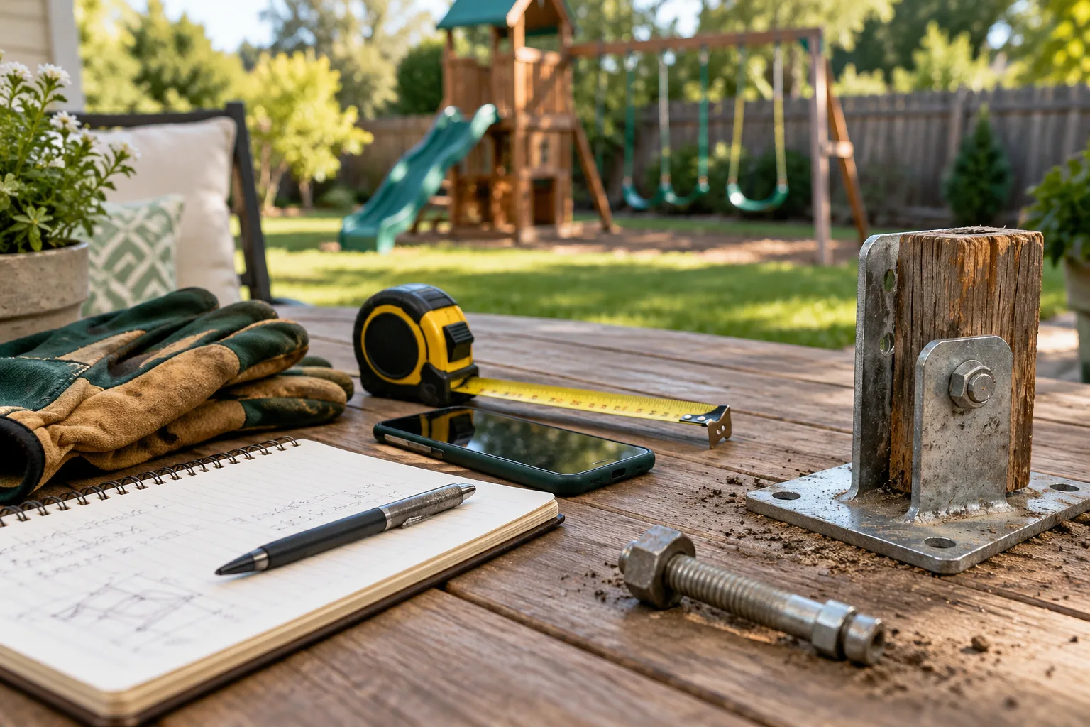 Tape measure, notes, and playset anchor hardware